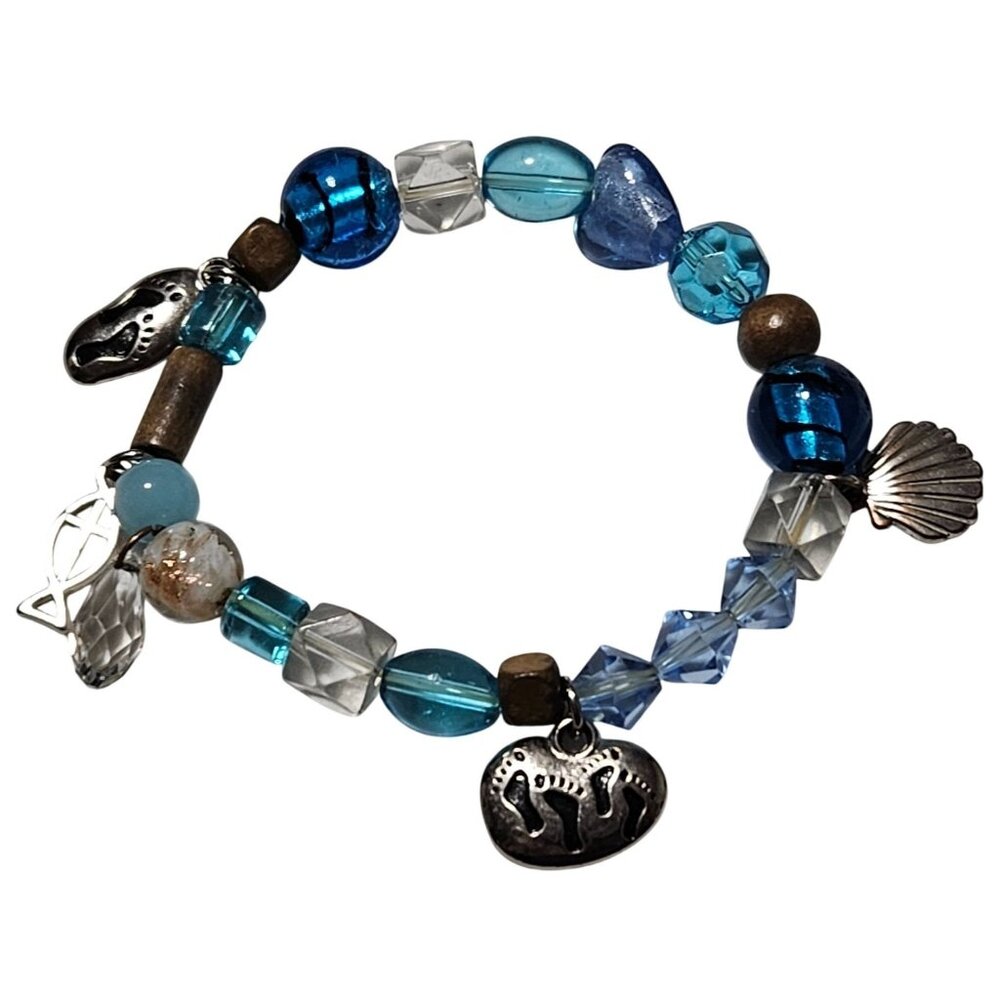 Footprints Prayer Blue Beaded Charm Bracelet Stretch Jesus Religious Christian